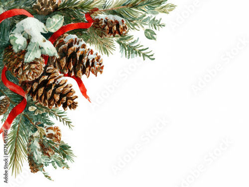 Watercolor Christmas corner with pine cones, ribbons, and evergreen branches, space for text
