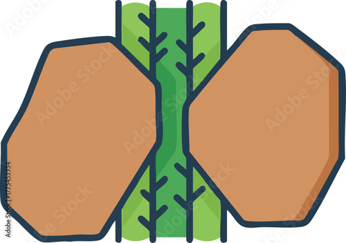 of farming with crops and two large brown shapes.