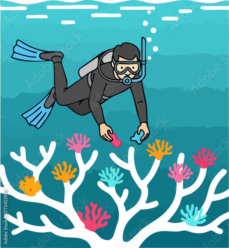 A diver explores a vibrant coral reef, collecting samples.
