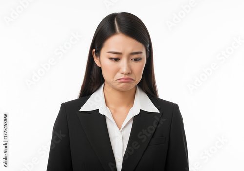 Image of sad office girl Asian woman sulking and frowning disappointed standing upset and distressed against white background