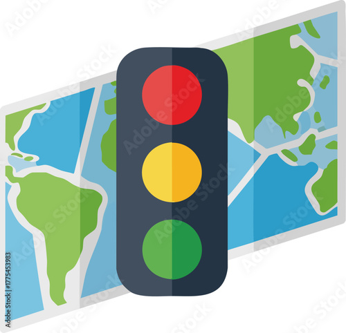 A traffic light overlaid on a world map, representing travel and navigation.