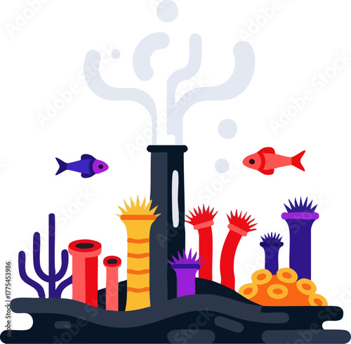 Factory smoke pollutes a coral reef with fish swimming by.