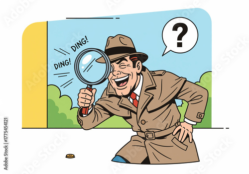 Smiling comic guy pretending to investigate with magnifying glass humor and discovery theme
