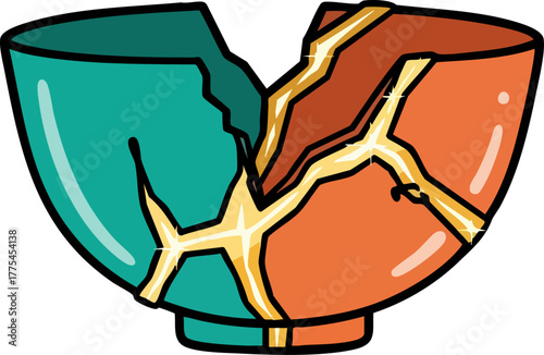 A broken bowl repaired with golden seams, symbolizing resilience.