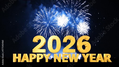 Golden '2026 happy new year' text with fireworks celebration in dark night sky