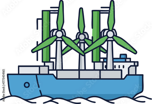 of a ship carrying wind turbines at sea.