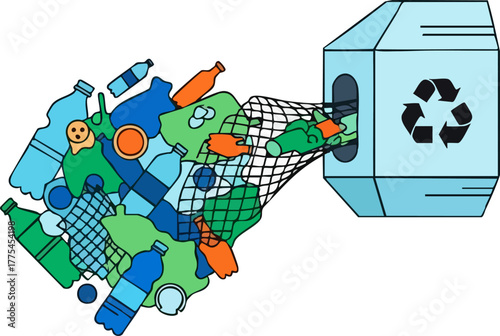 Plastic waste being collected in a recycling bin.