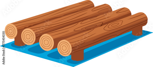 A wooden raft made of logs floating on blue water.