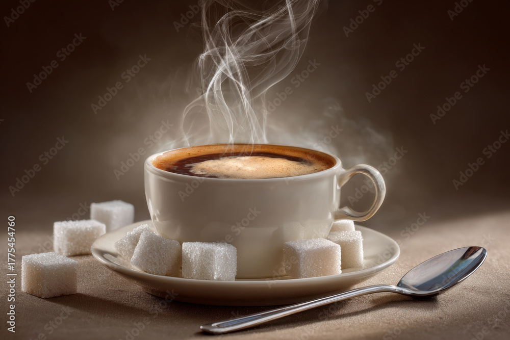 Fototapeta premium A cup of steaming coffee with sugar cubes on a neutral colored background.