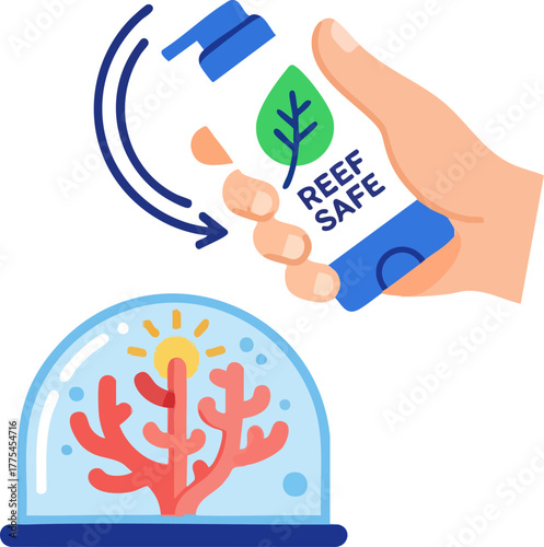Hand holding a reef safe bottle near a coral under a dome.