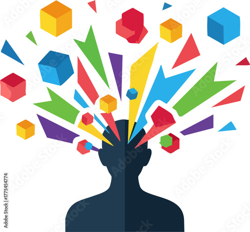 A silhouette of a head explodes with colorful abstract shapes.