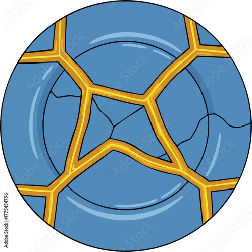 A cracked blue ceramic plate repaired with gold in the kintsugi style.