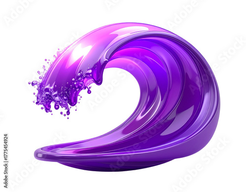 3D Purple Wave with Curved Splash Motion, Futuristic Abstract Design, Isolated on Transparent Background