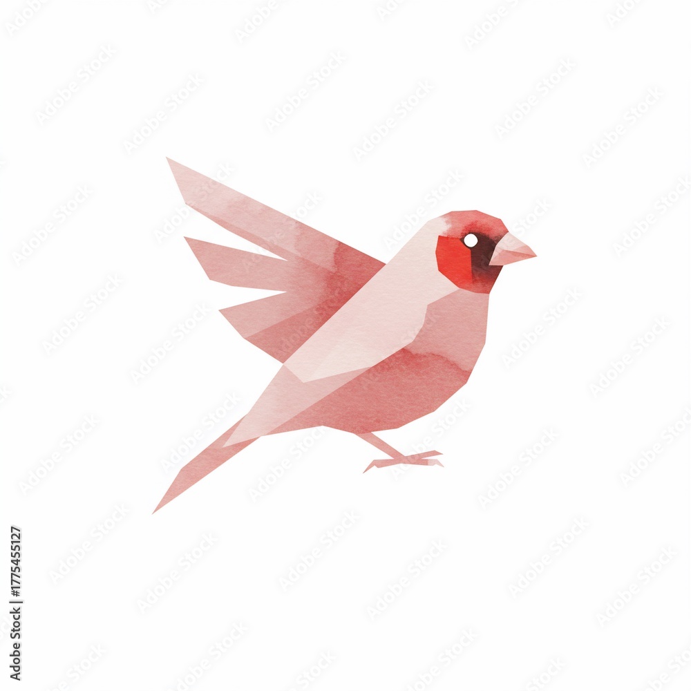 Fototapeta premium A geometric bird with watercolor textures, depicted in shades of pink, in flight on a white background