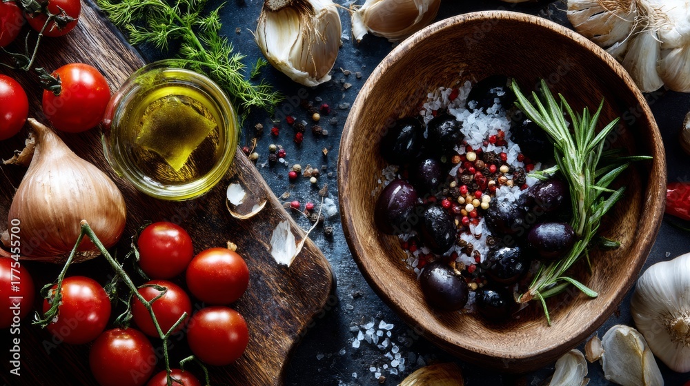 Fototapeta premium Top View of Mediterranean Ingredients in Rustic Kitchen