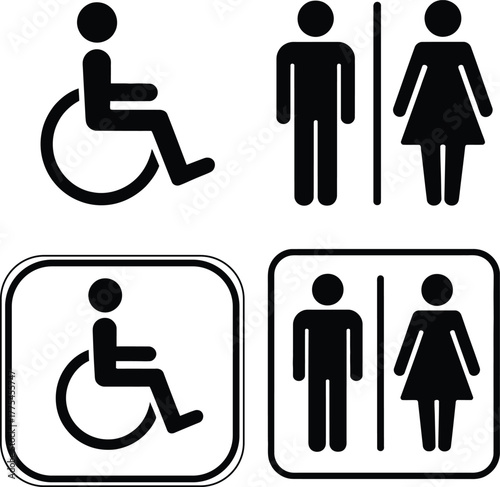 Collection of pictograms: accessible restroom symbol and gendered toilet signs for public facilities and signage design