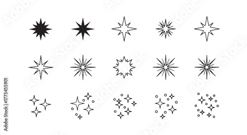 Twinkle Star Vector Glitter Icon Set — Hand‑Drawn Sketch Doodle Style Magic Light, Spark, Shine, and Glitter Star Outline Pictograms for Bright, Magical Designs