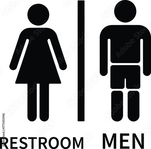 Clean black and white pictogram icons representing male and female restrooms, with text labels for gendered facilities.