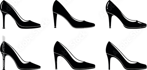 A grid of six black high-heeled shoes arranged in two rows.