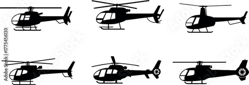 Collection of diverse helicopter silhouettes is presented against a white background.