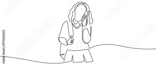 A female student carrying a bag is talking on the phone, one line in a row. Minimalist simple linear style. Vector outline illustration Editable stroke.