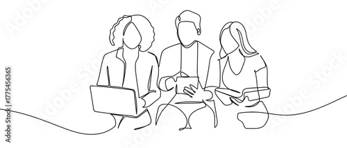 Group of students using laptops, tablets, books, one continuous line. Minimalist simple linear style. Vector outline illustration Editable stroke.