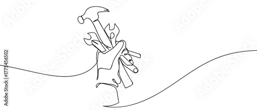 Hand holding a tool, one continuous line Minimalist simple linear style. Vector outline illustration Editable stroke.