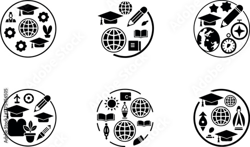 Circular icons depict concepts of education, global learning, and technology for academic pursuits.