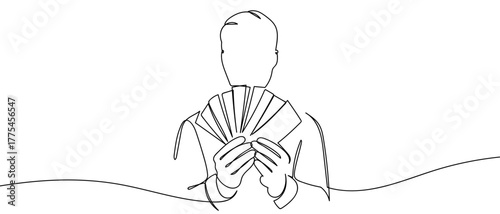 Businessman holding a continuous line of banknotes Minimalist simple linear style. Vector outline illustration Editable stroke.