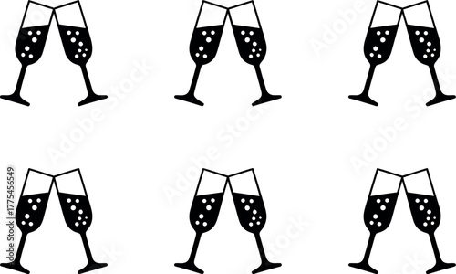 Six glasses of champagne are clinking together for a toast.