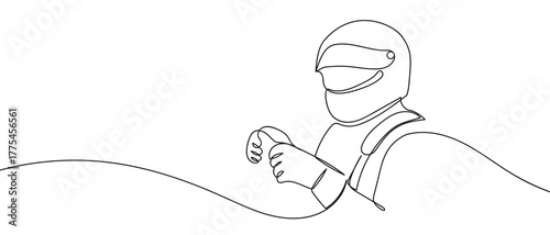 Racing driver in the cockpit, one continuous line Minimalist simple linear style. Vector outline illustration Editable stroke.