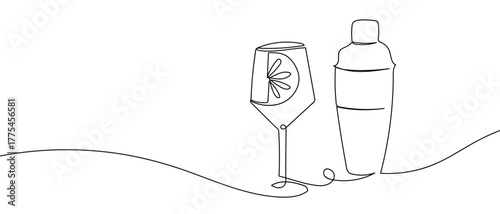 Cocktail glass and cocktail shaker, one continuous line Minimalist simple linear style. Vector outline illustration Editable stroke.