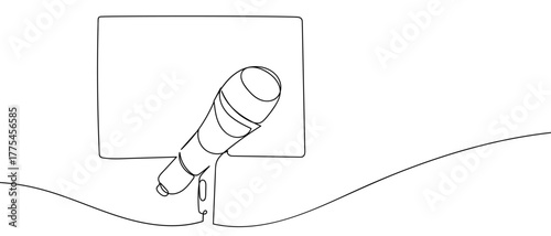 Microphone on square background, one continuous line. Minimalist simple linear style. Vector outline illustration Editable stroke.