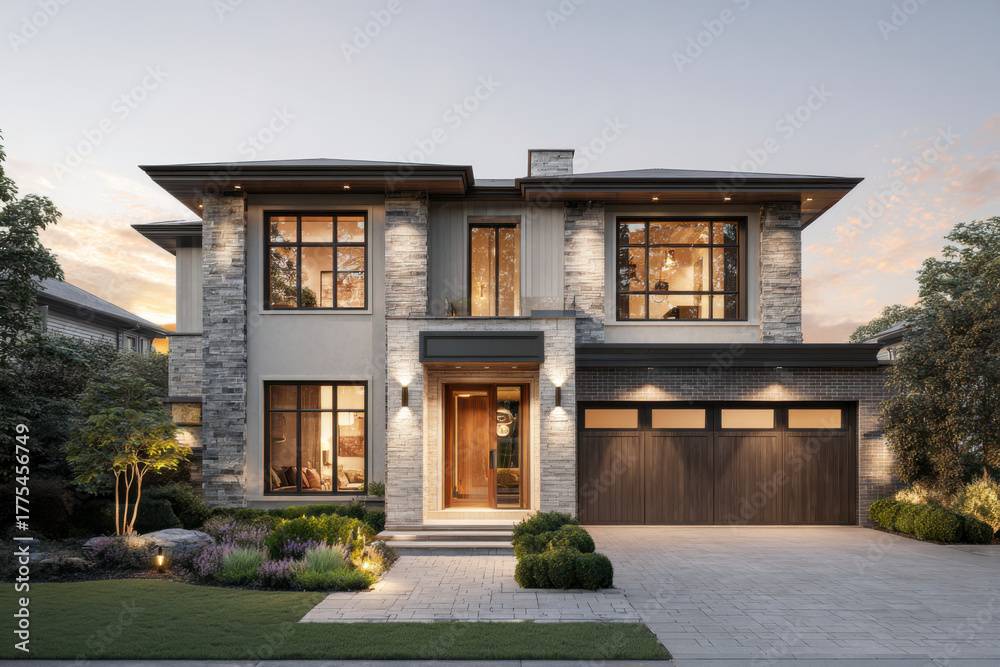 Fototapeta premium Modern two-story house with stone accents and a wooden garage and front door.