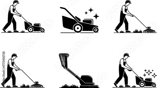 A collection of icons depicting a person mowing grass with a lawnmower.