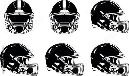 A collection of six black football helmets are displayed in a grid.