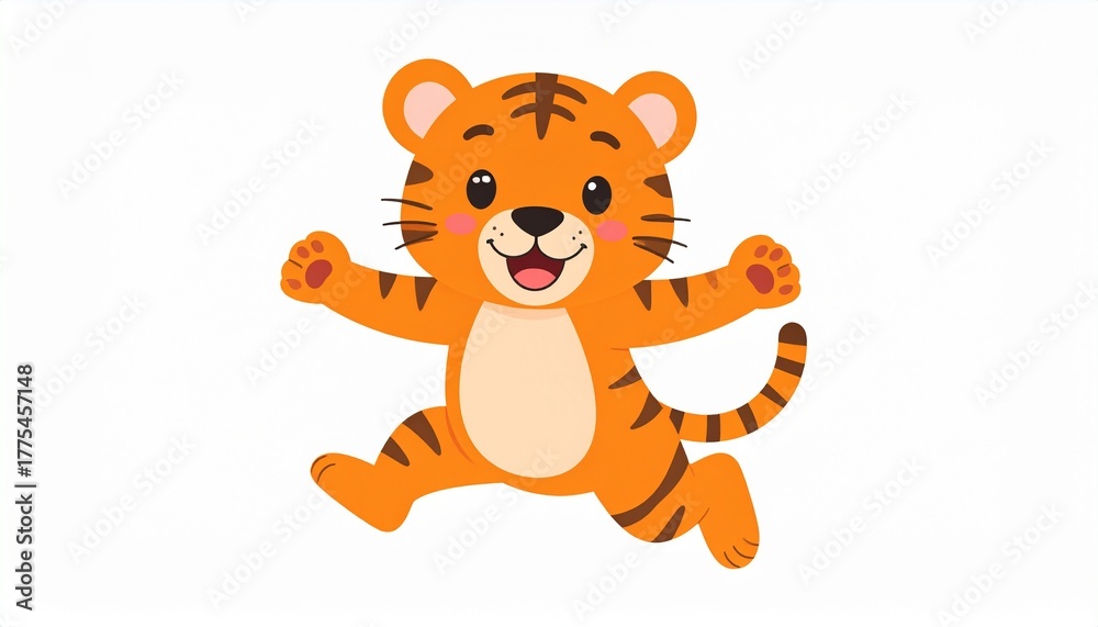 Obraz premium Cute cartoon tiger jumping isolated on white background. Vector illustration.