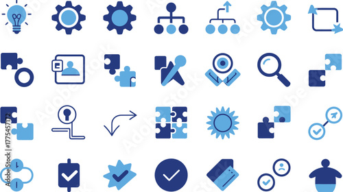 Collection of blue and teal icons representing business concepts like strategy innovation teamwork problem solving and data analysis with a clean modern design aesthetic