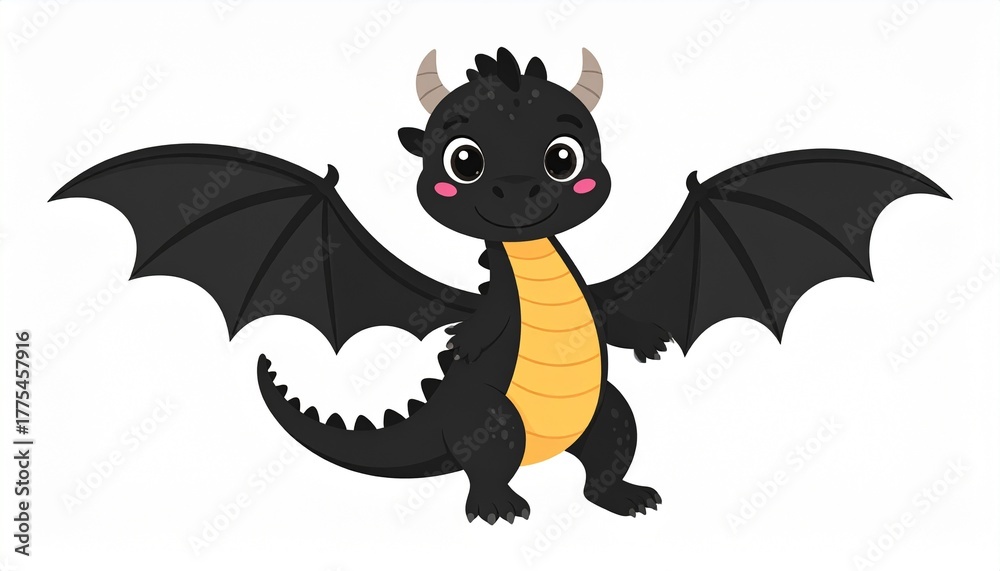 Obraz premium Cute cartoon black dragon. Fairy cute dragonfly. Baby fire dragon or dinosaur cute 