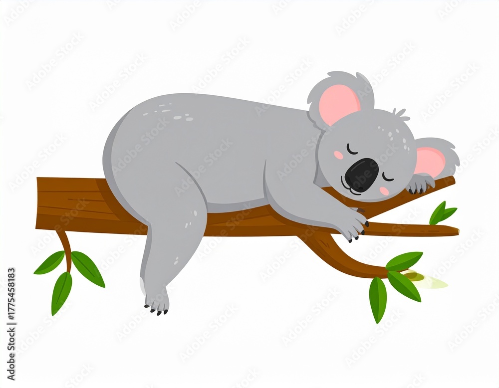 Fototapeta premium Cute cartoon koala sleeping on a tree branch isolated on white background. Koala