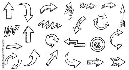A collection of hand-drawn arrows in various styles and directions, sketched on a white background.