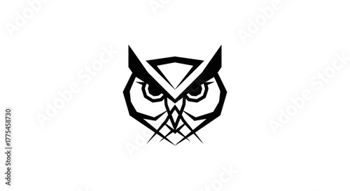 Stylized black and white graphic illustration of an owl's head with sharp geometric lines and a minimalist design.
