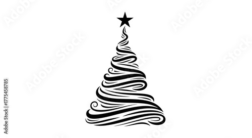 An elegant, stylized Christmas tree made from black swirling lines with a star on top, isolated on a white background.