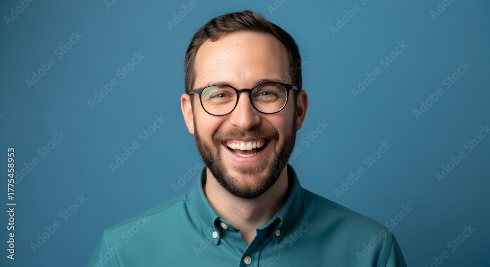 Fototapeta premium Joyful Professional Portrait Smiling Man with Glasses in Studio Happy Employee Authentic Expression Personable Character Optimistic Vision Confidence Success