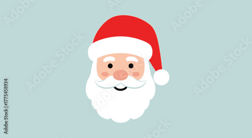 A cartoon illustration of Santa Claus's face, smiling, wearing a red hat.