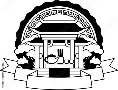 black and white logotype of a Chinese shrine