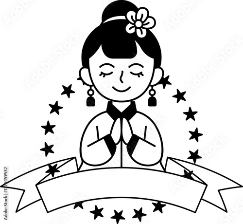 black and white logotype of a girl in a dress is praying