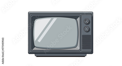 An old-fashioned television set with a grey screen and two dials on the right side against a plain white background.
