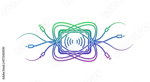 A colorful illustration of tangled cables and wires with various connectors on a plain white background, showcasing a chaotic technology concept with a mix of blue, purple, and green hues.