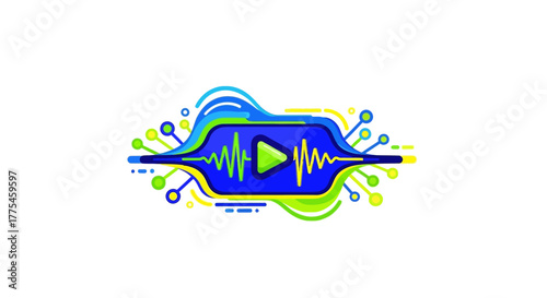 Graphic illustration of a play button icon with colorful sound waves and splashes on a white background.